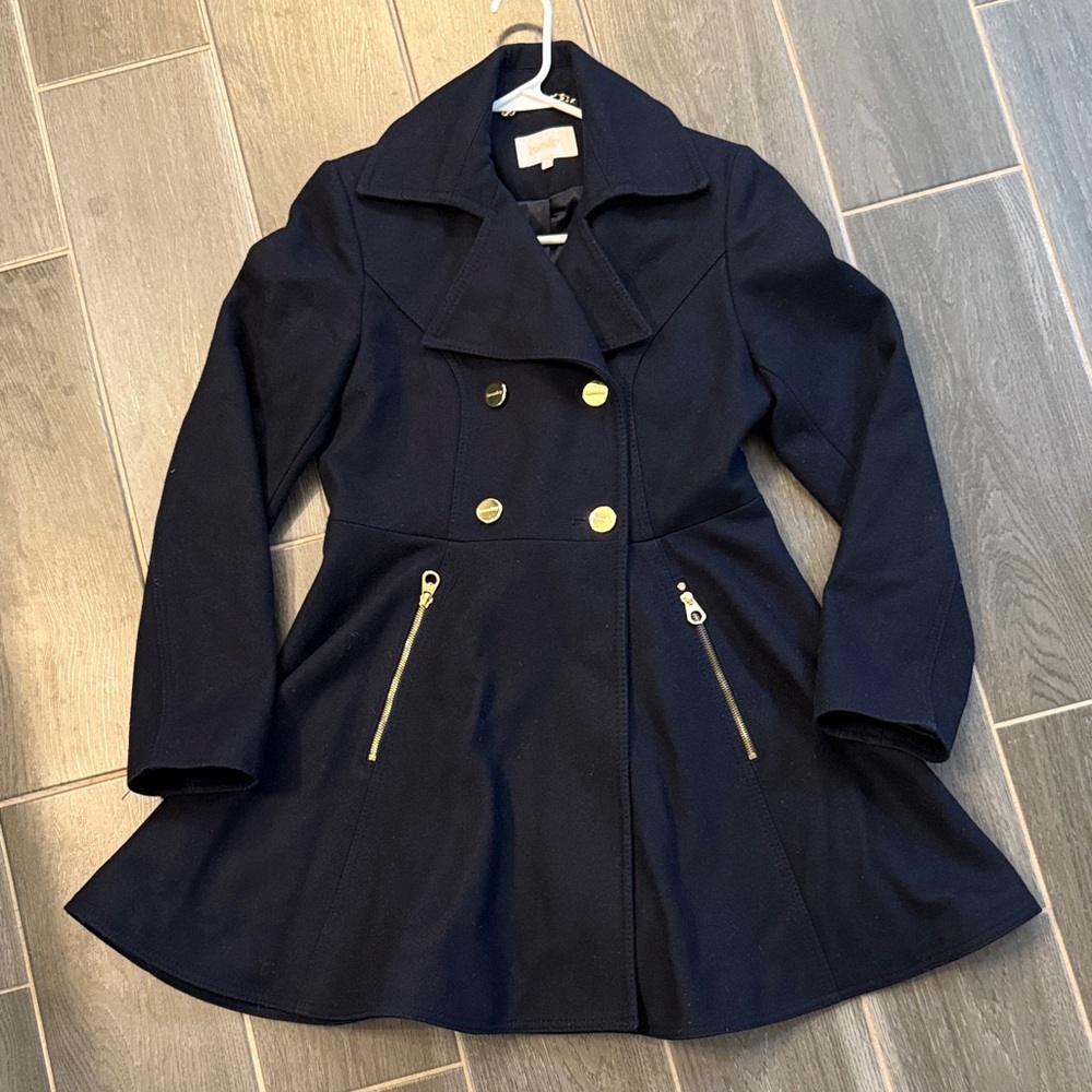 Laundry By Shelli Segal Elegant Navy Blue Pea Coat with Gold Details